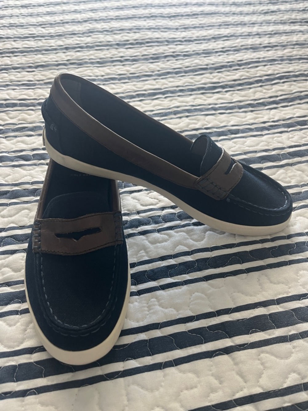 Cole Haan Navy and Brown Slip-On Penny Loafers